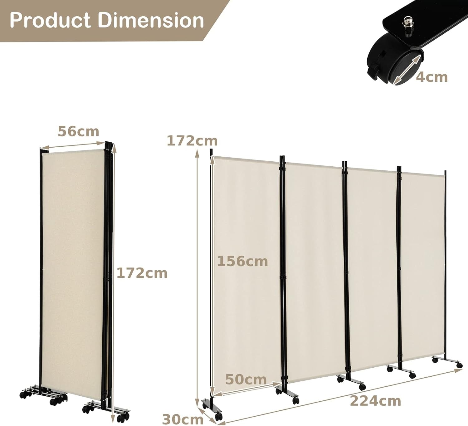 4-Panel White Folding Room Divider 224x30x172cm Privacy Screen Partition