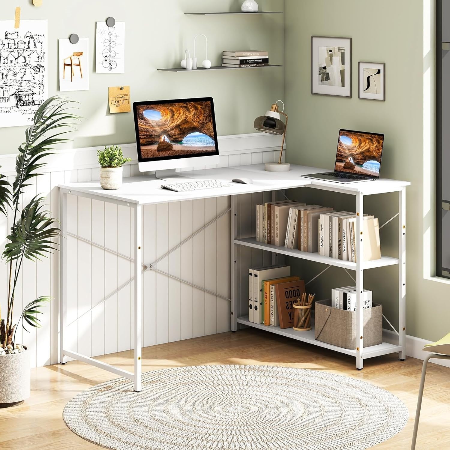 Modern White L-Shaped Corner Desk w/Adjustable Shelves & Metal Frame
