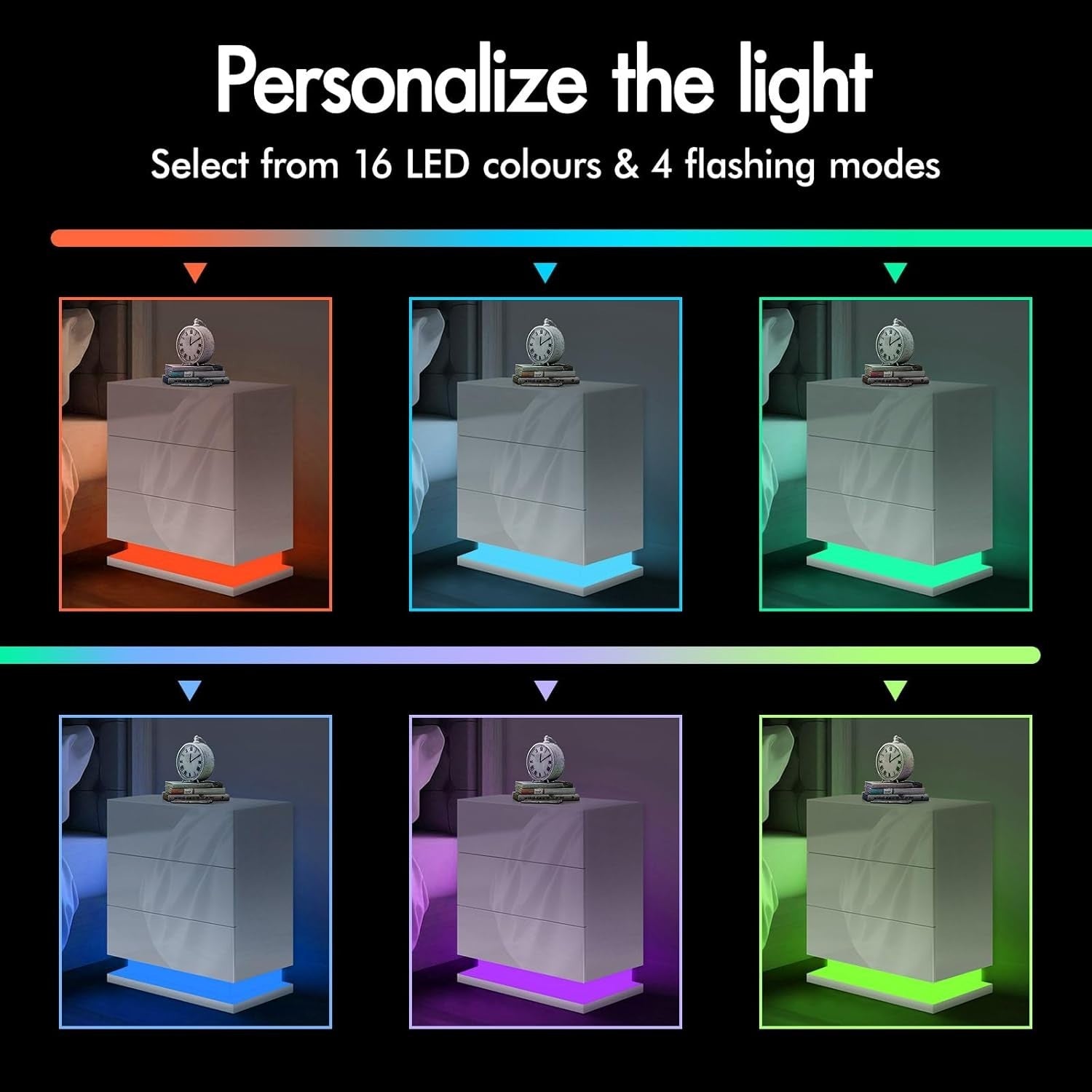 LED Bedside Table with 3 Drawers & RGB Lights | Modern High Gloss Nightstand