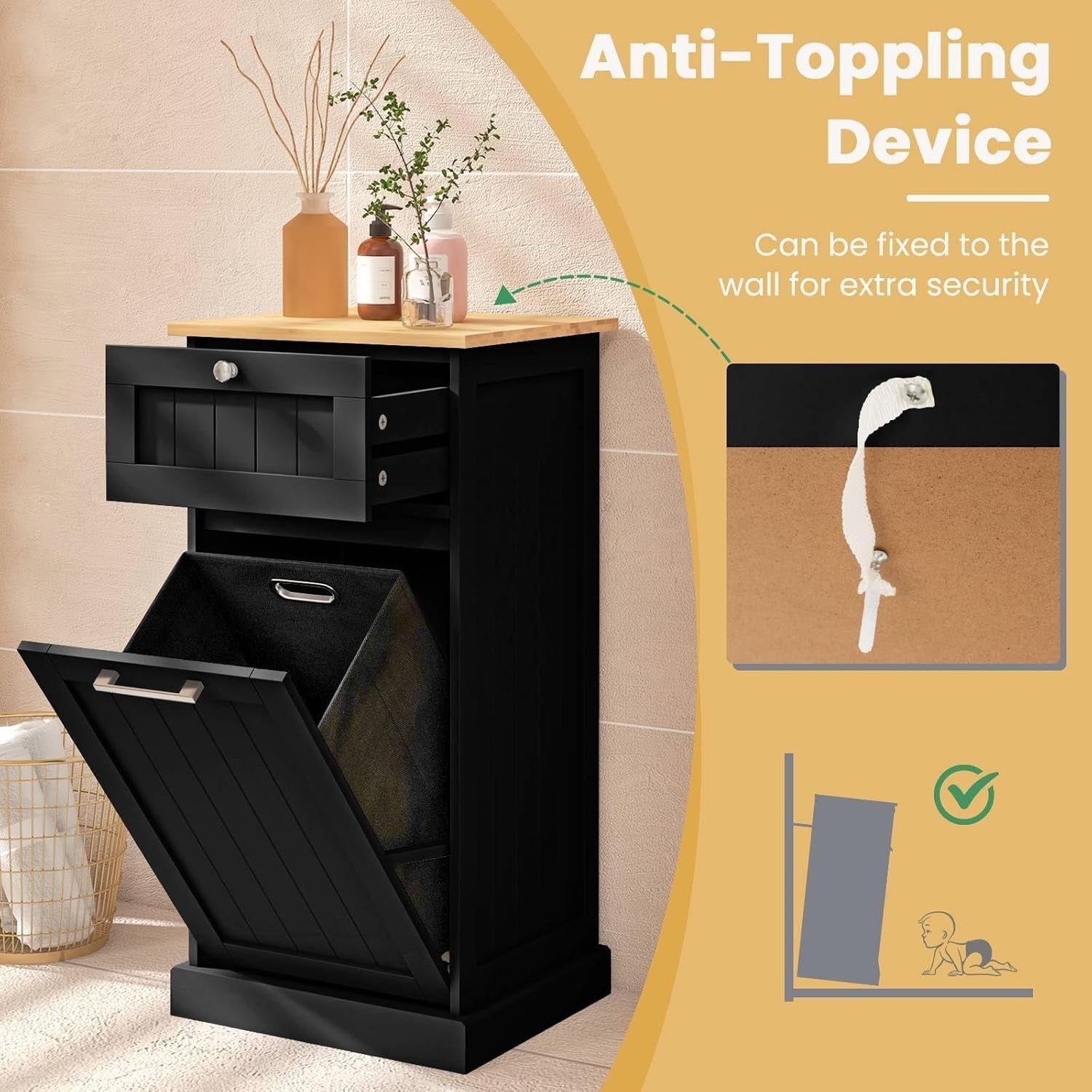 30L Black Tilt-Out Laundry Cabinet With Drawer Bamboo Top Modern Storage
