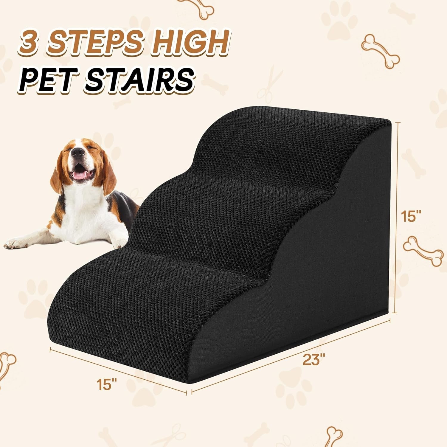 3 Step Dog Stairs Non Slip Pet Ramp for Bed Sofa Washable Black