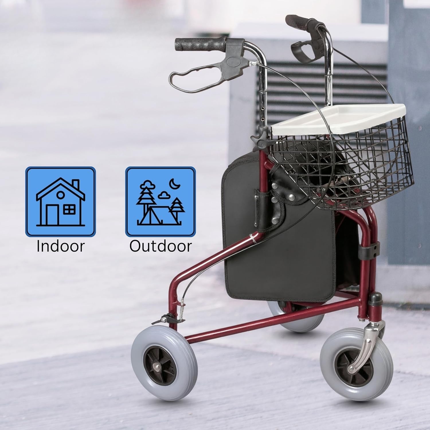 3 Wheel Rollator Walker Lightweight Folding with Basket Tray Lockable Brakes