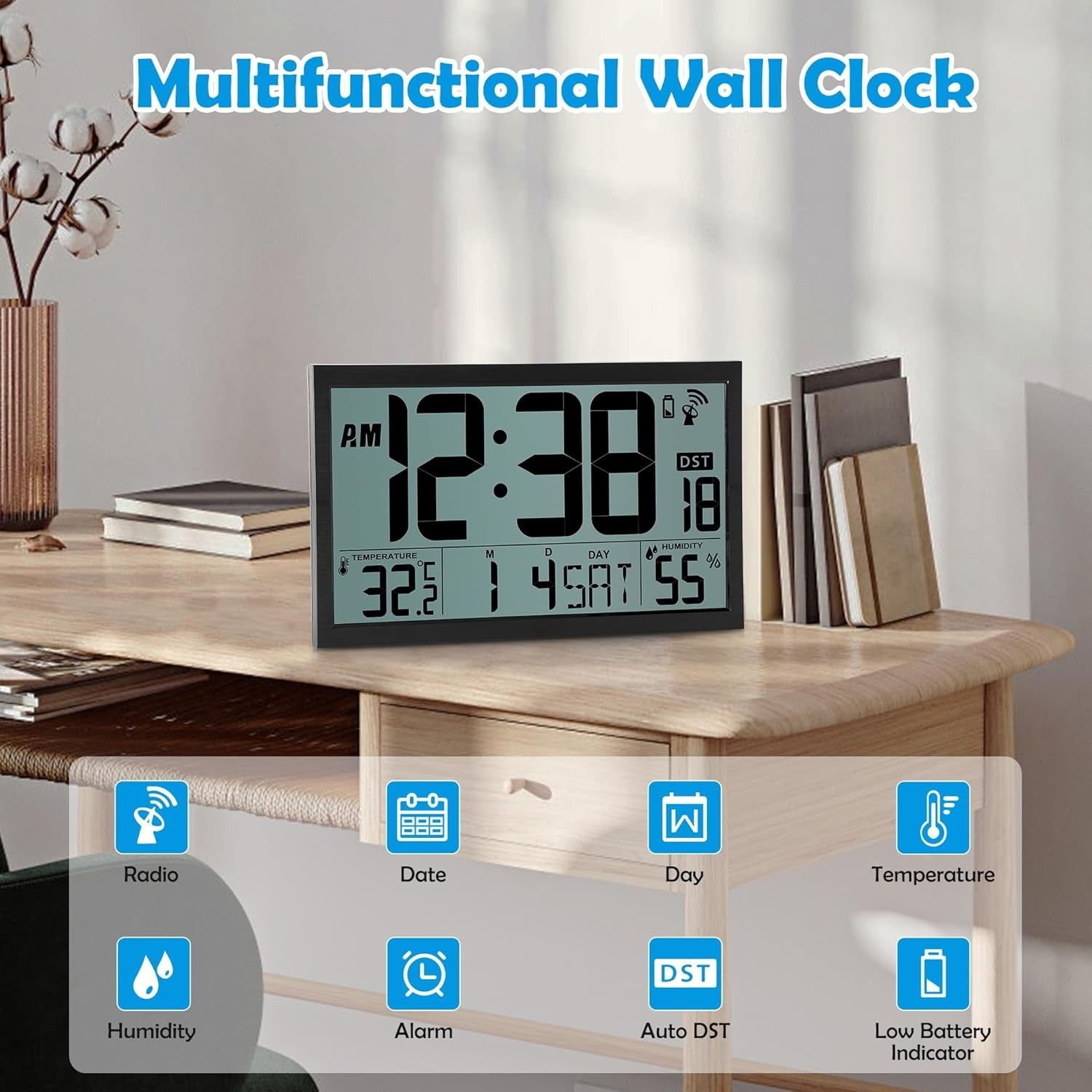 Large Digital Wall Clock 16.7” LCD Temperature Humidity Atomic Time