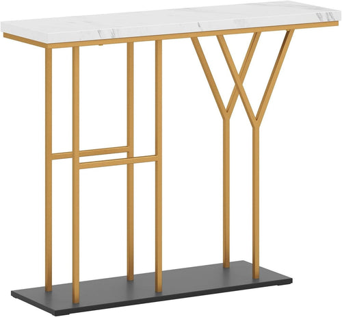 Slim Console Table Faux Marble Hallway Desk | Gold Frame, 2 Tier Storage
