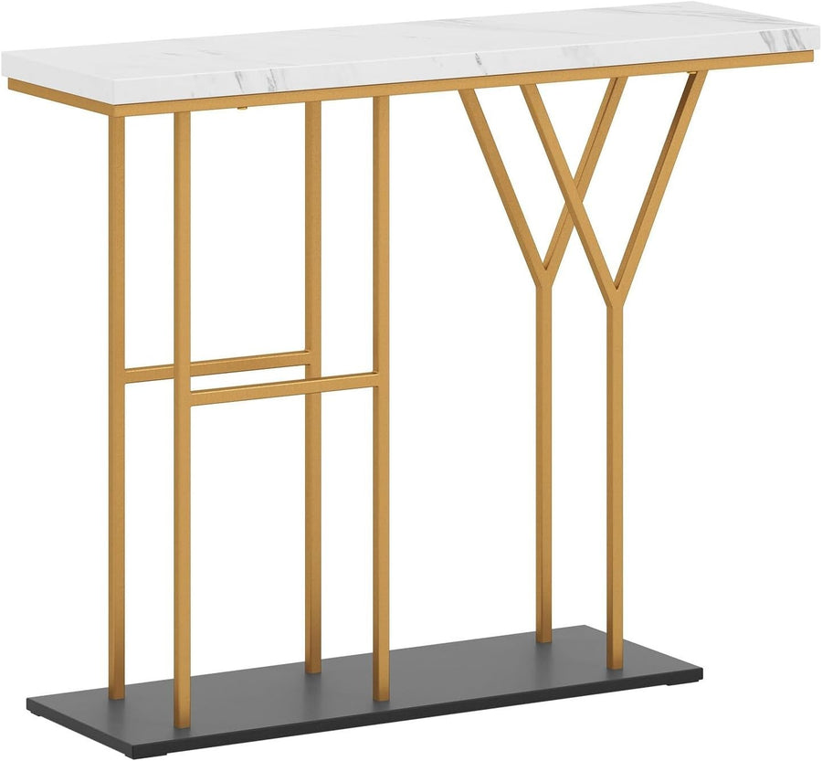 Slim Console Table Faux Marble Hallway Desk | Gold Frame, 2 Tier Storage