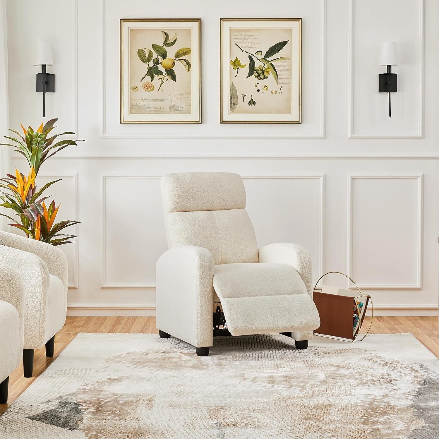 Ivory Boucle Recliner Armchair Sofa Lounge Chair Soft Adjustable Seat