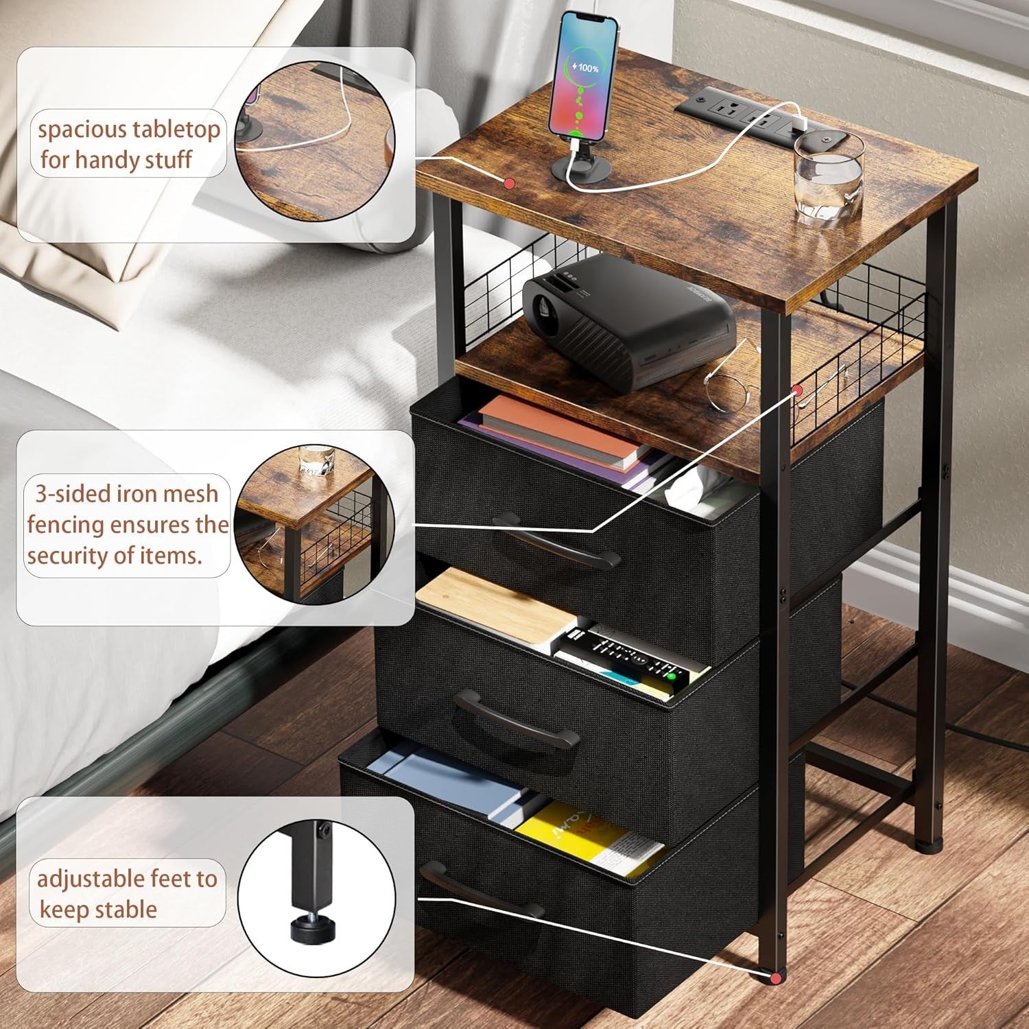 Set of 2 Rustic Brown LED Bedside Tables with 3 Drawers & USB Charging Ports