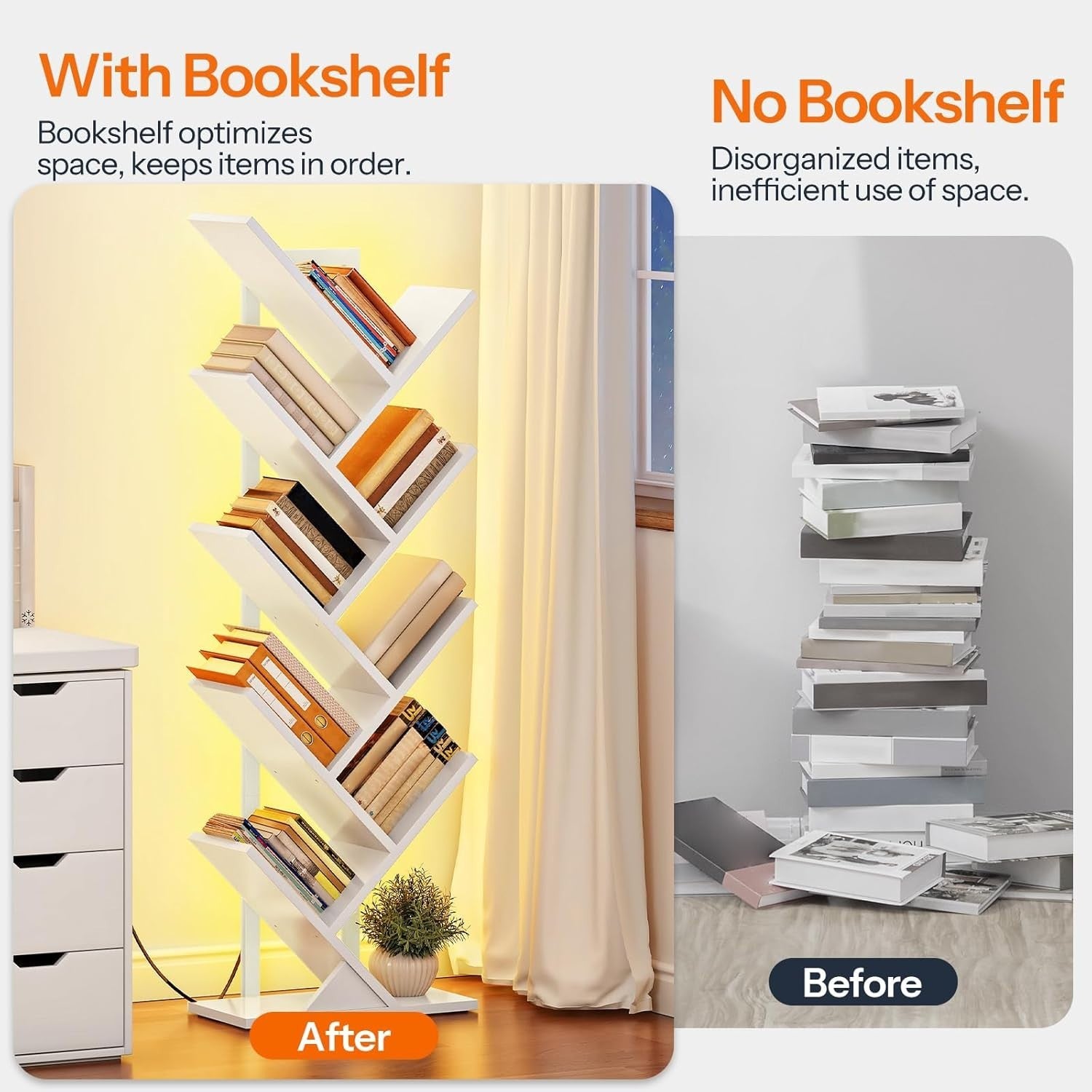 9 Tier Tree Bookshelf with LED Lights Modern Metal Frame Bookcase White