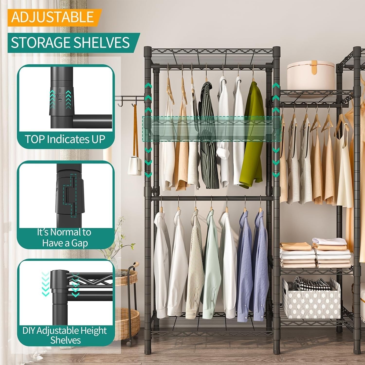 Heavy Duty Garment Rack 7 Tier Shelves 4 Rods Organizer Black