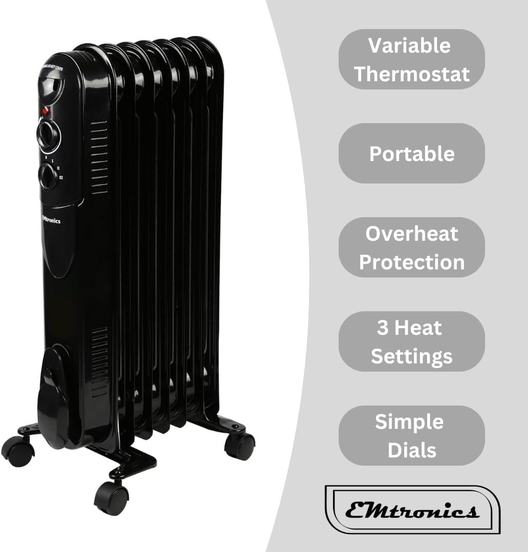 1500W Portable Oil Heater Radiator | 7 Fin Adjustable Thermostat, 3 Heat