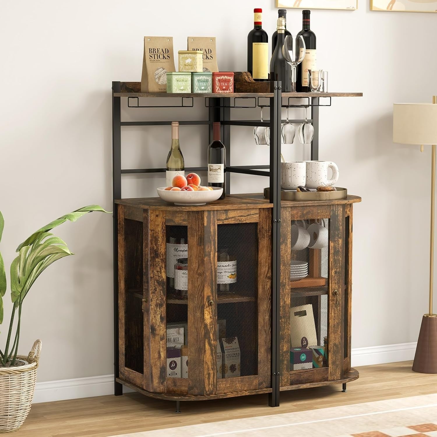 Corner Bar Cabinet Rustic Brown Wine Glass Rack & Liquor Storage Shelves Unit