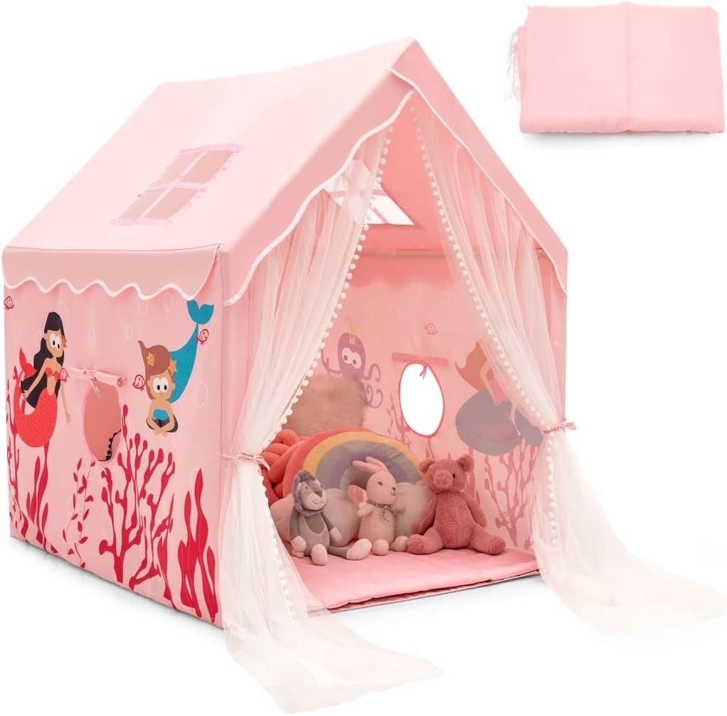 Pink Kids Castle Playhouse Tent Indoor Outdoor w Mat Windows Gift