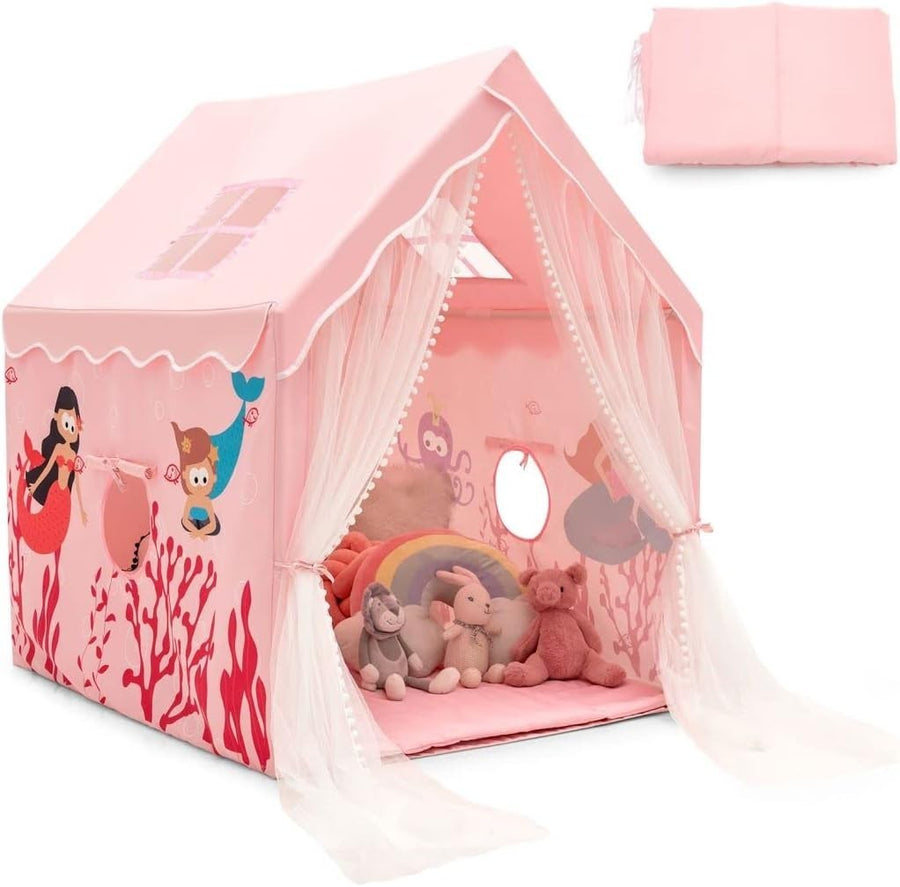 Pink Kids Castle Playhouse Tent Indoor Outdoor w Mat Windows Gift