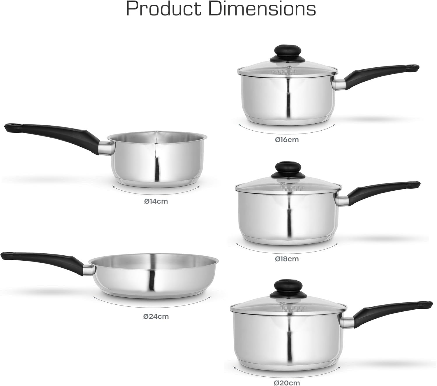 5pcs Stainless Steel Cookware Set with Glass Lids Suitable for All Hobs Types