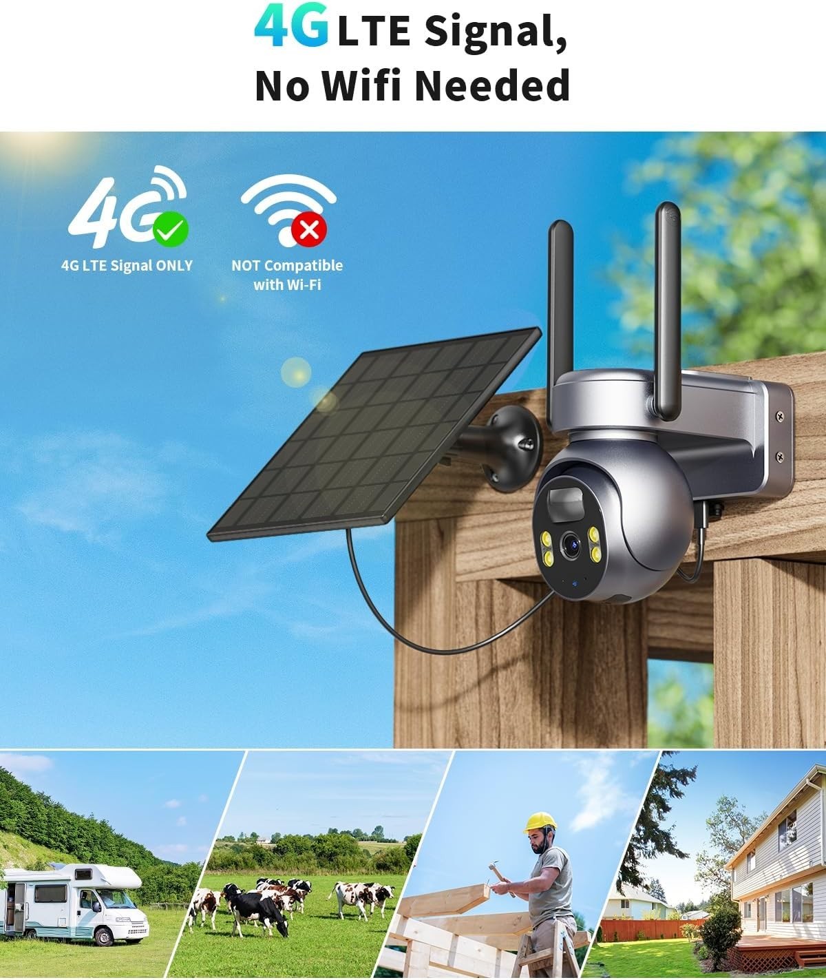 4G LTE Solar Security Camera 2K PTZ Night Vision CCTV No WiFi