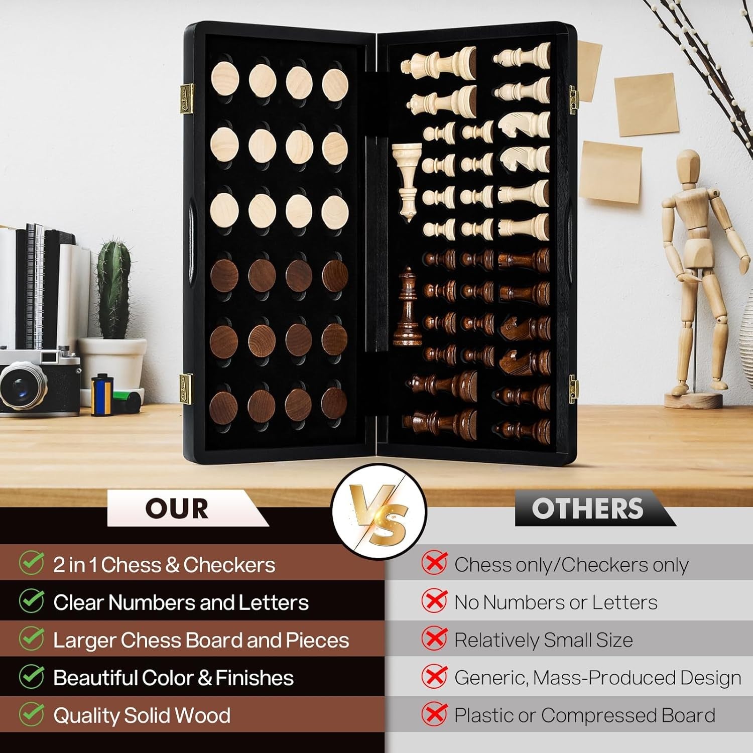 15" Magnetic 2-in-1 Chess & Draughts Folding Wooden Board Set w/ Extra Queens