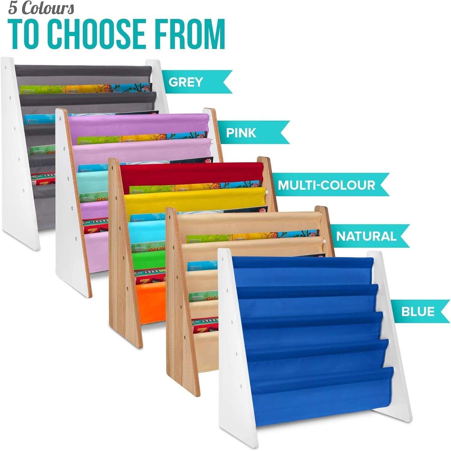 Kids Blue Sling Bookshelf – 4-Tier Wooden Book Storage with Nylon Fabric Shelves