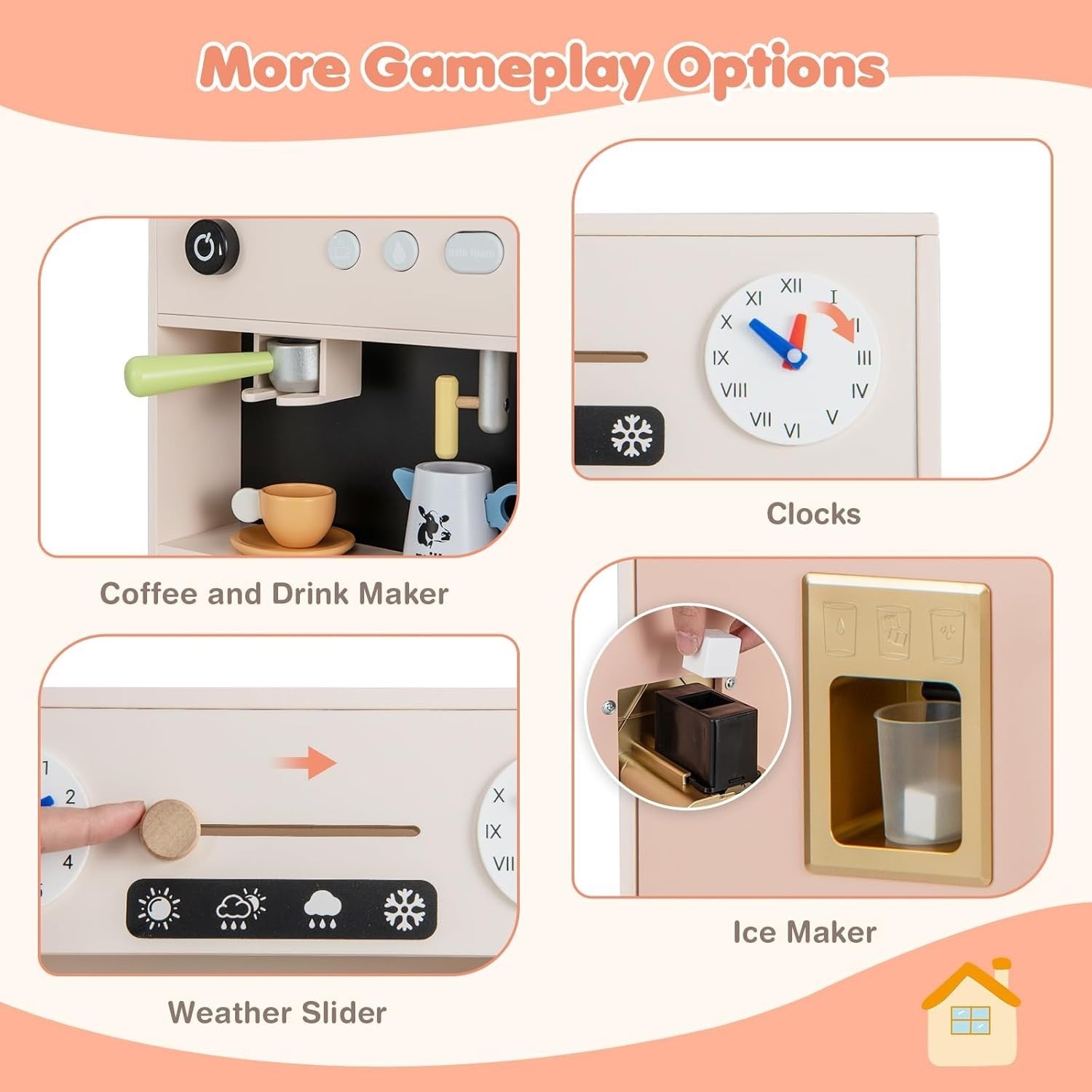 Kids Wooden Play Kitchen Pink w/ Ice Maker Microwave 17 Accessories