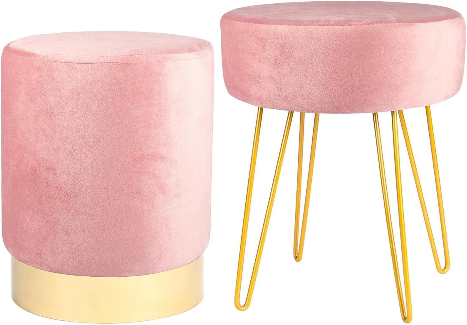 Set of 2 Pink Velvet Footstools Round Pouffe Modern Accent Stools