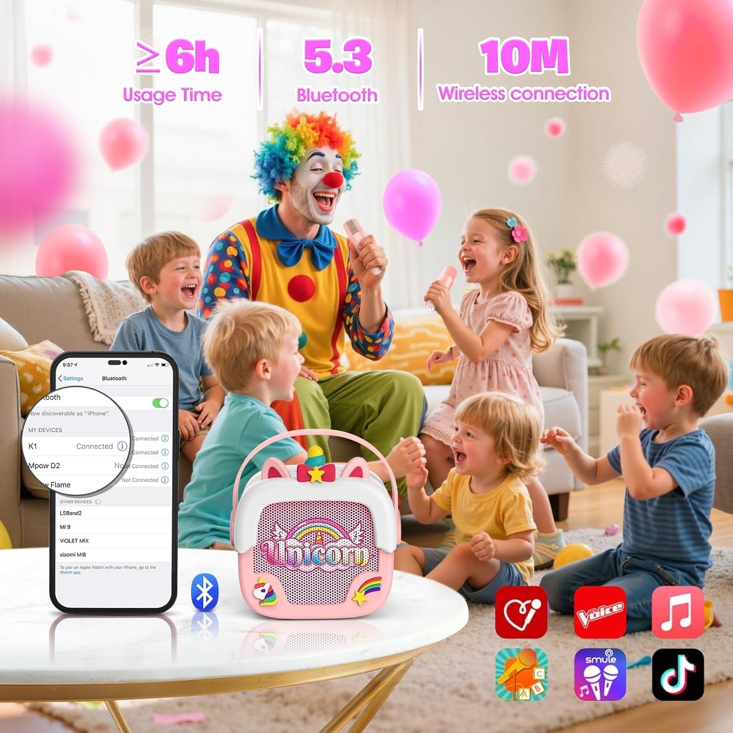 Pink Unicorn Kids Karaoke Machine with Mic Portable Speaker