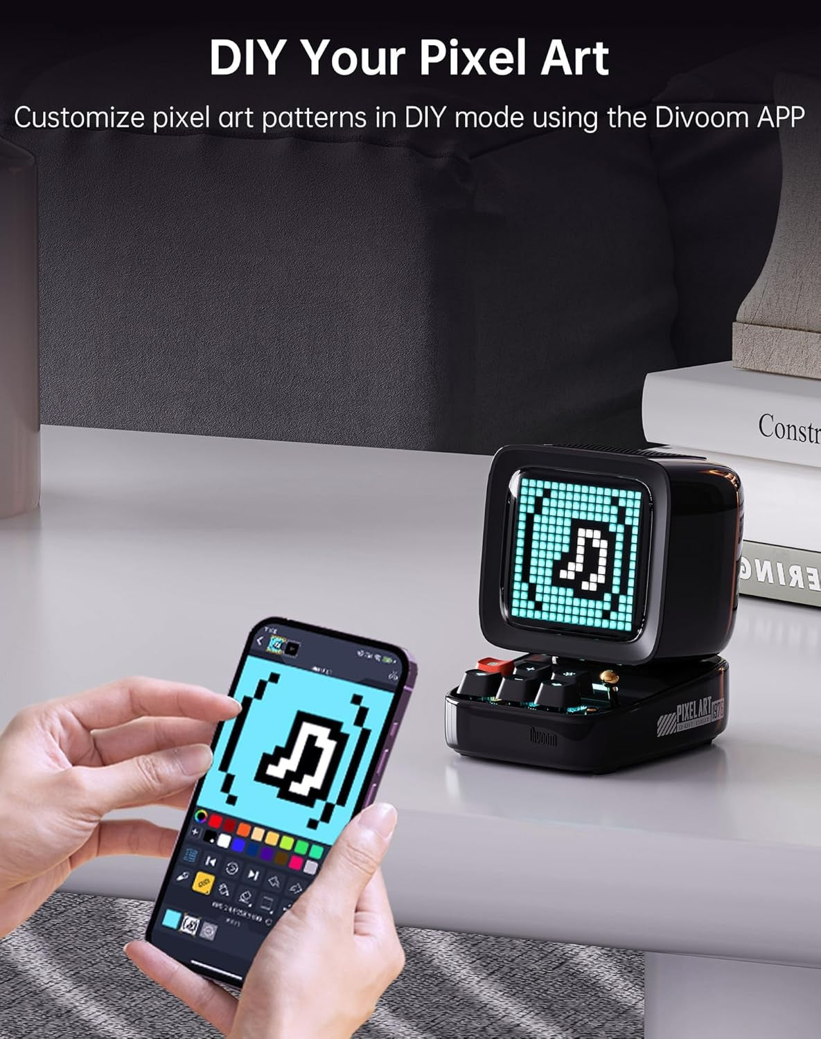 Black Pixel Art Bluetooth Speaker Alarm Clock RGB LED Retro Desktop