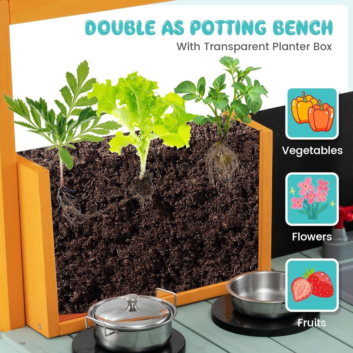 Outdoor Wooden Mud Kitchen Kids Playset Sink Chalkboard Planter Set