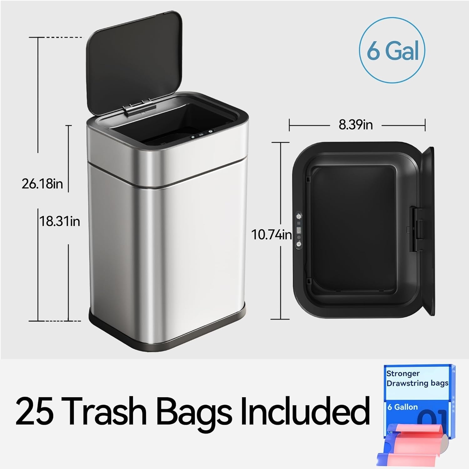 6 Gallon Touchless Motion Sensor Trash Can Stainless Steel Silver