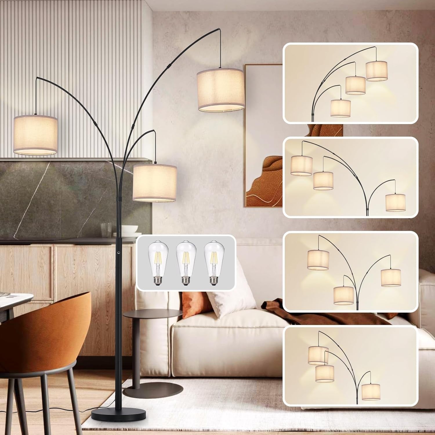 Modern 3-Light Dimmable Floor Lamp with Grey Shades for Living Room Office