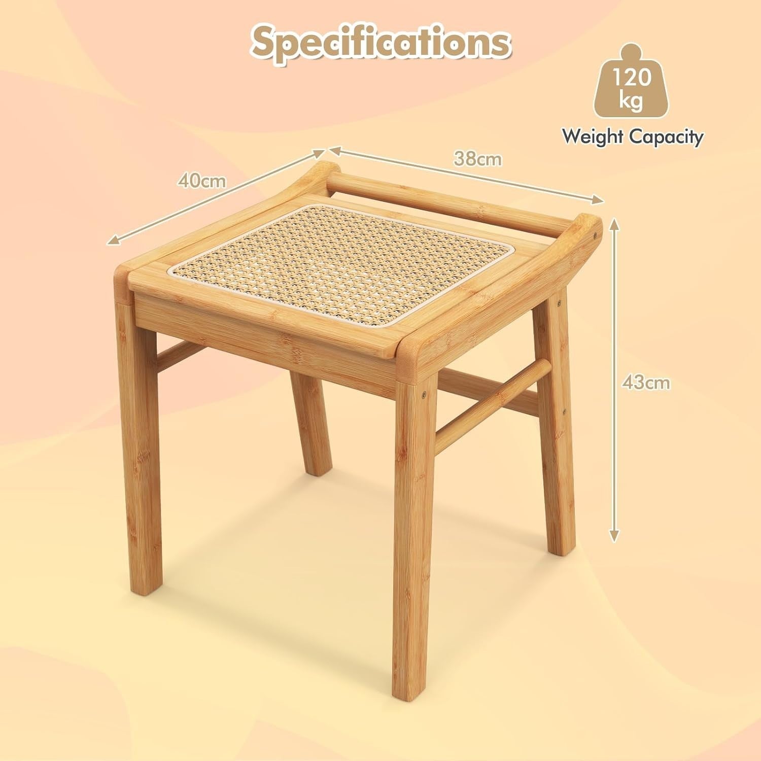 Natural Bamboo Vanity Stool Rattan Top Footrest Dressing Table Seat 38×40×43cm