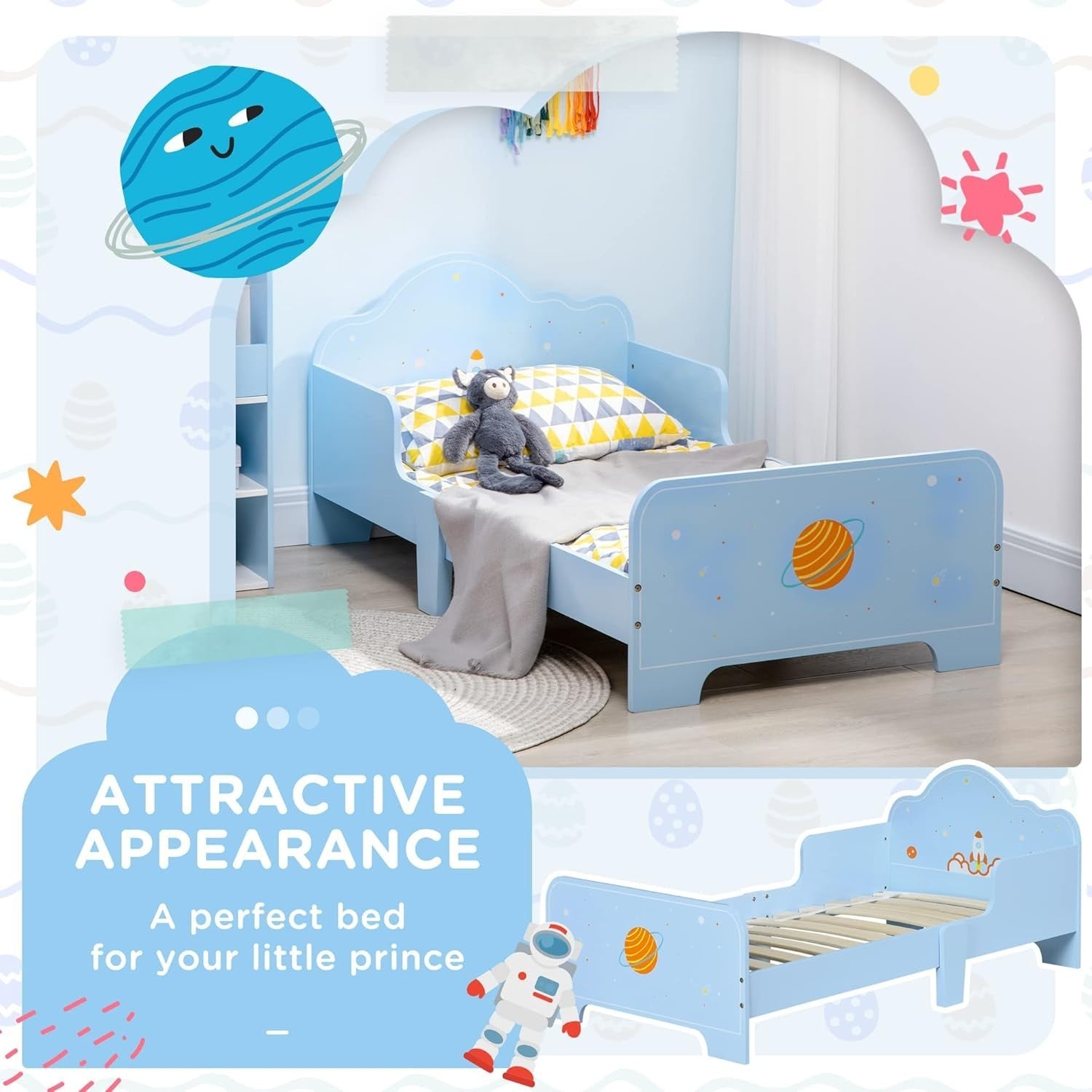 Kids Toddler Bed with Safety Rails Wooden Low Frame Boys Girls Bedroom Blue