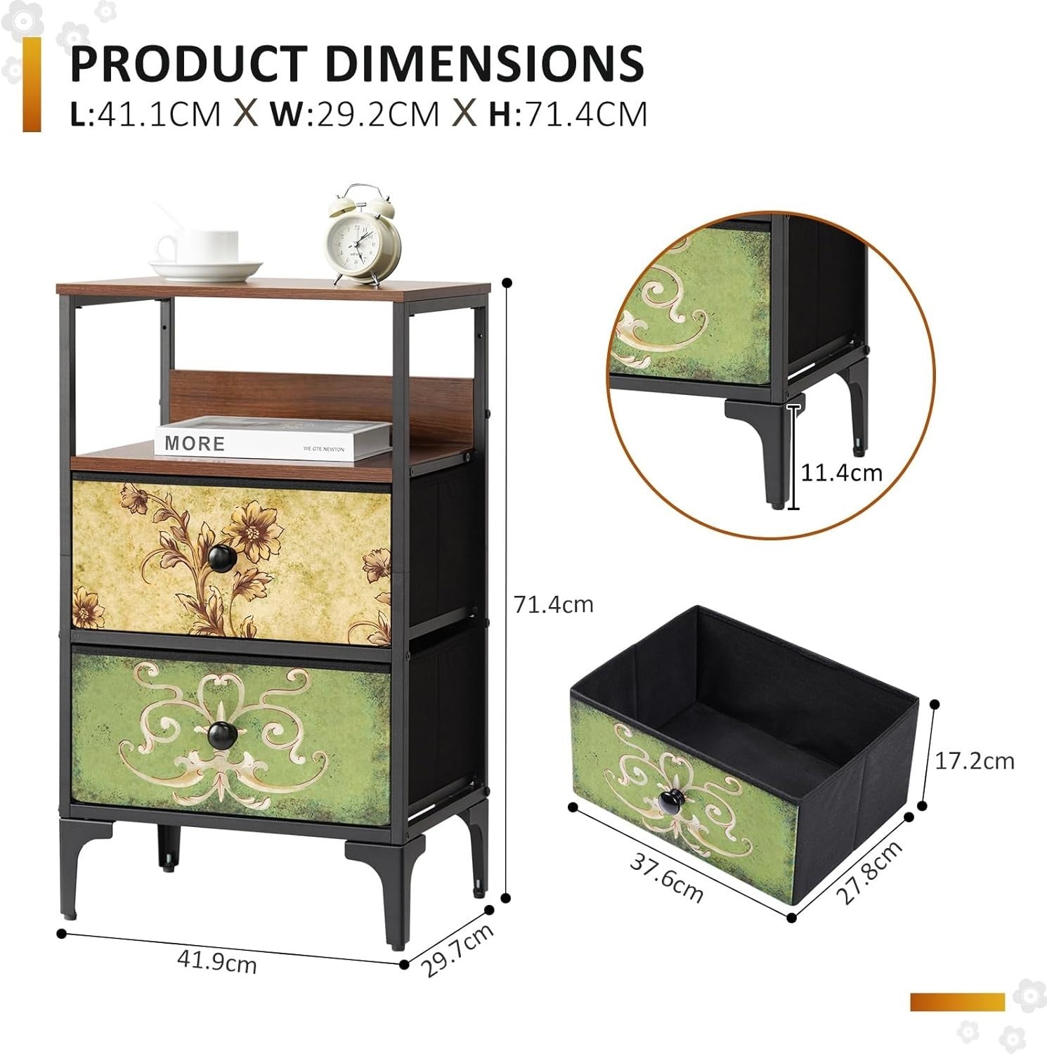 Set of 2 Vintage Bedside Tables – Fabric Drawer Nightstands with Metal Frame