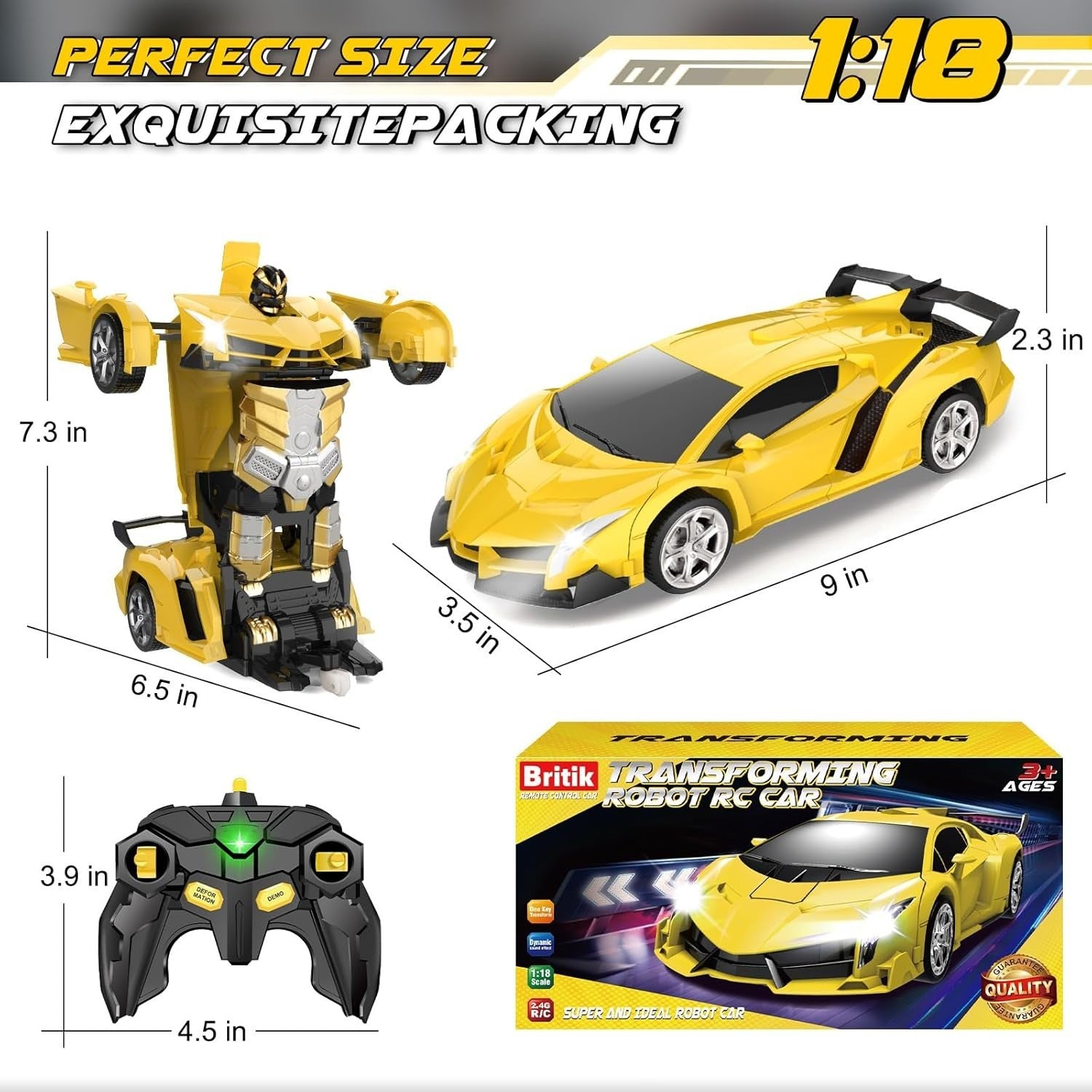 2-in-1 Yellow RC Transforming Robot Car 360° Spin Remote Control Toy for Kids