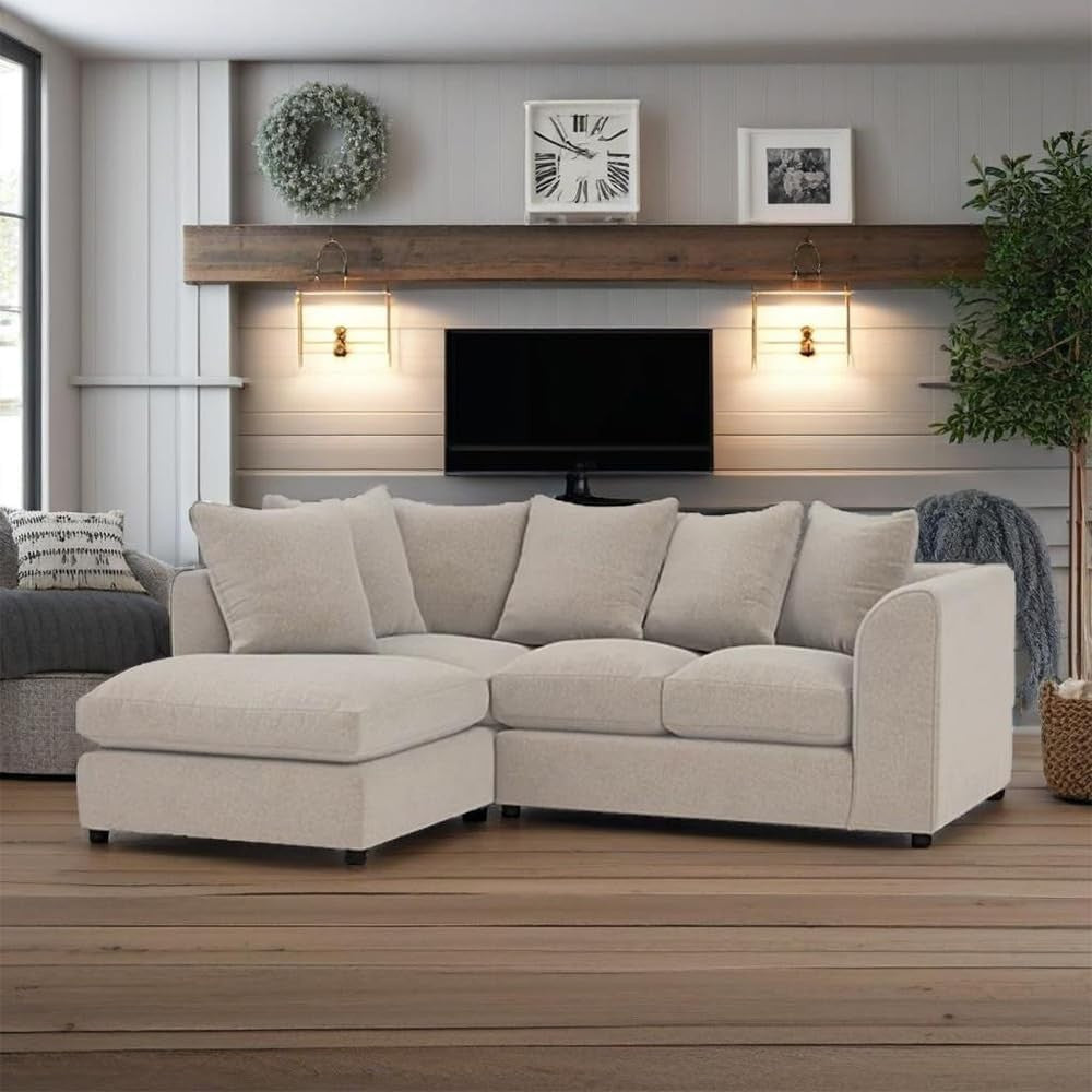 Left Hand Cream Corner Sofa 4 Seater – Modular L Shape Couch with Cushions