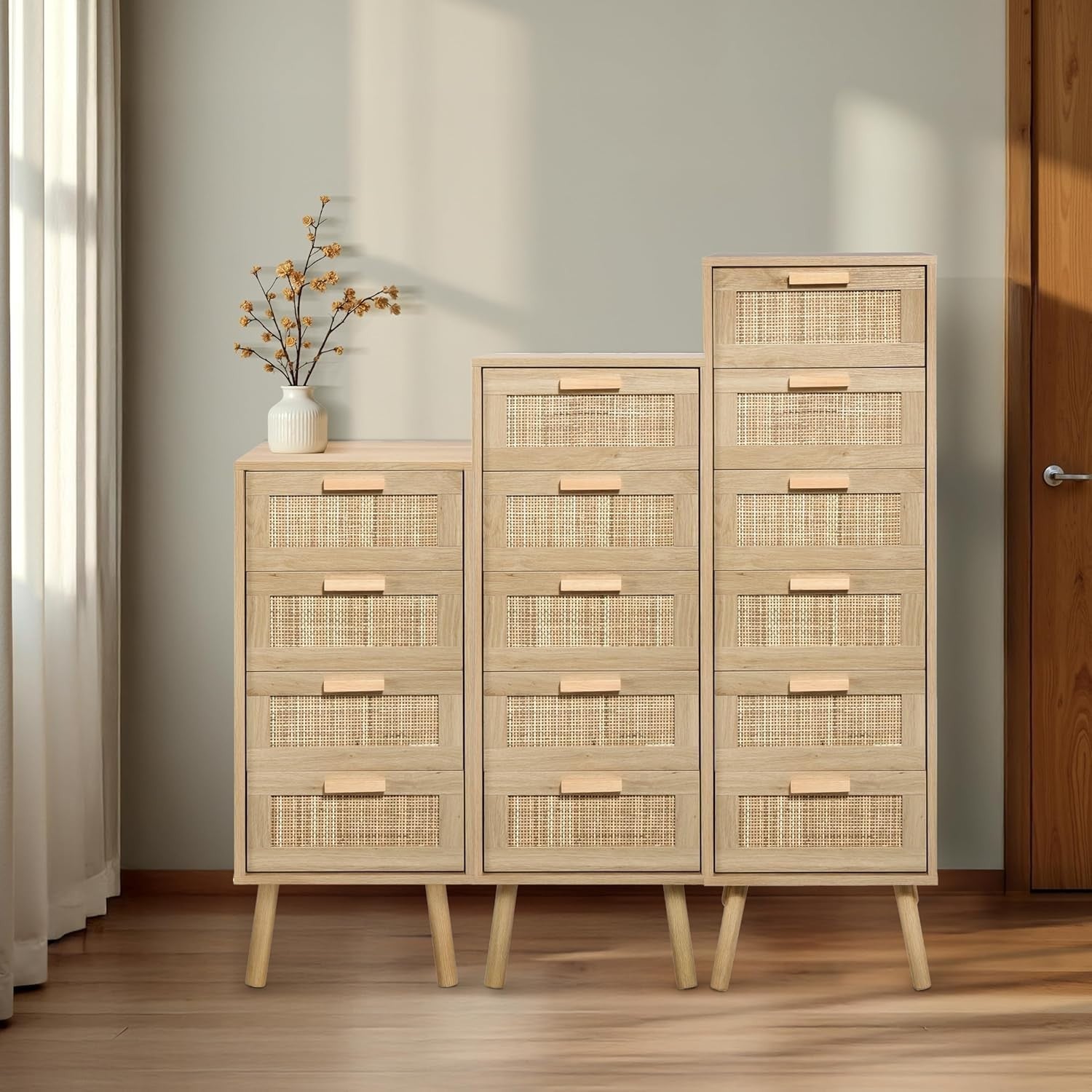 5 Drawer Rattan Chest Storage Unit Tall Bedroom Cabinet with Wood Legs