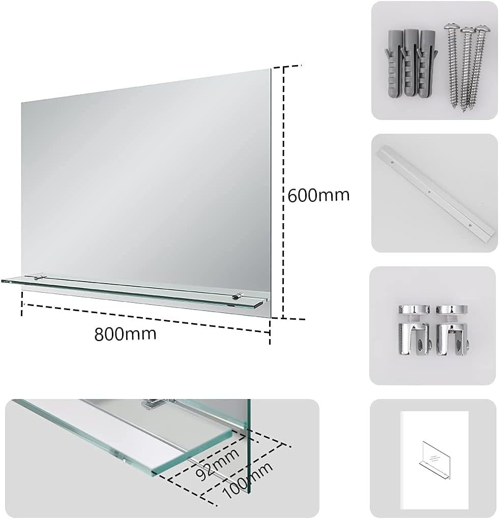 Wall-Mounted Frameless Vanity Mirror with Shelf 60x80cm Bathroom Storage