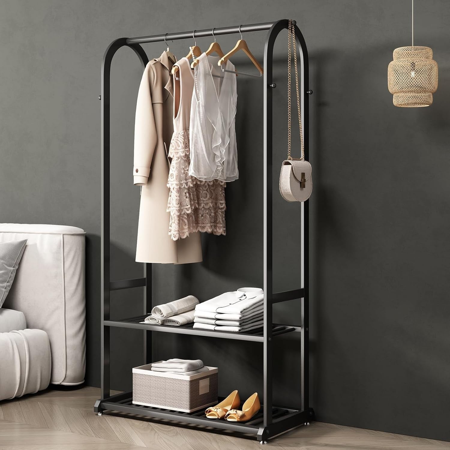 Heavy Duty Clothes Rail with Shelves & 6 Hooks Metal Rack