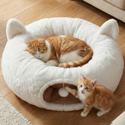 Plush Cat Tunnel Bed Round Donut Cave w Washable Cushion White