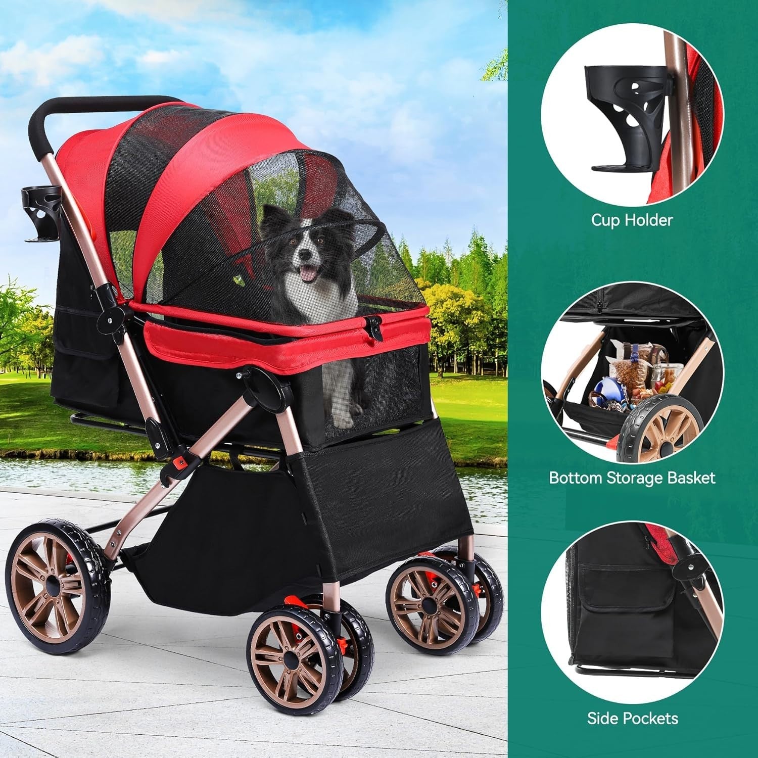 Foldable Dog Pram Pet Buggy Reversible Push Handle EVA Wheels 22kg