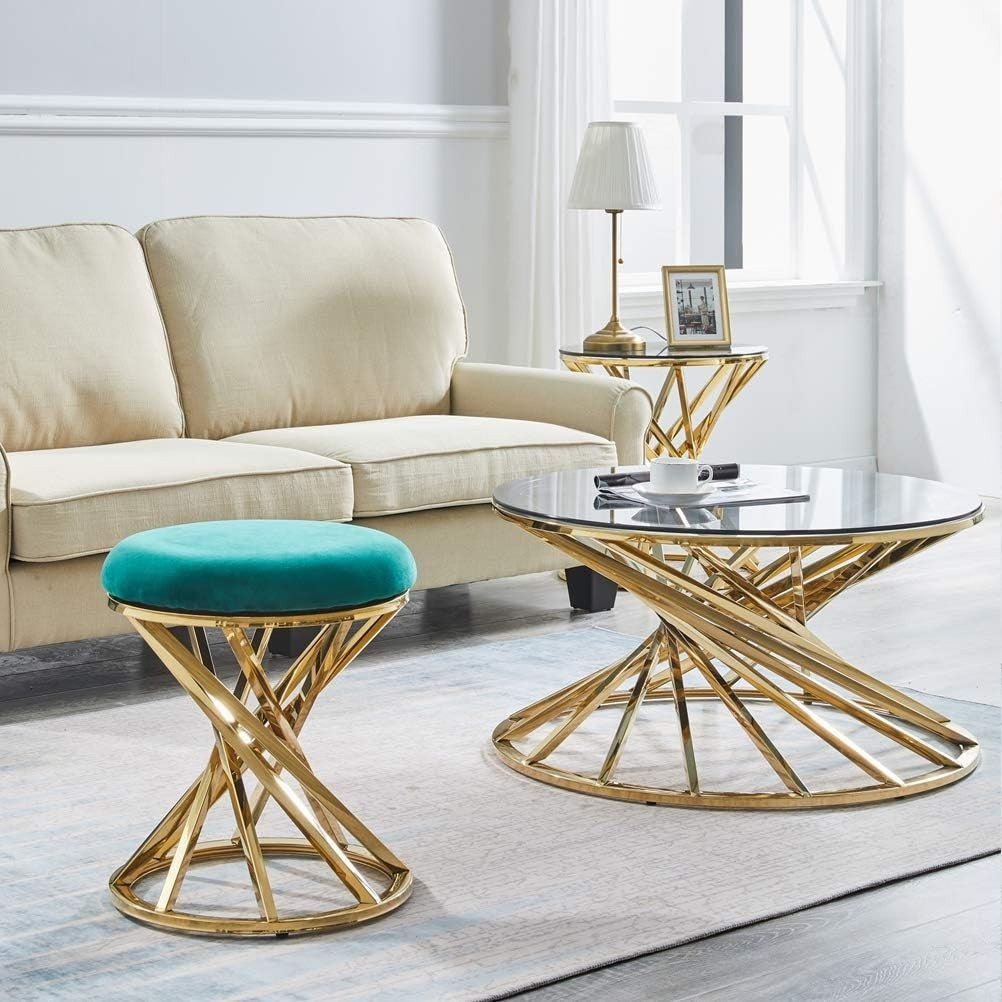 Golden Round Glass Coffee Table with Stainless Steel Spiral Frame 80x43cm