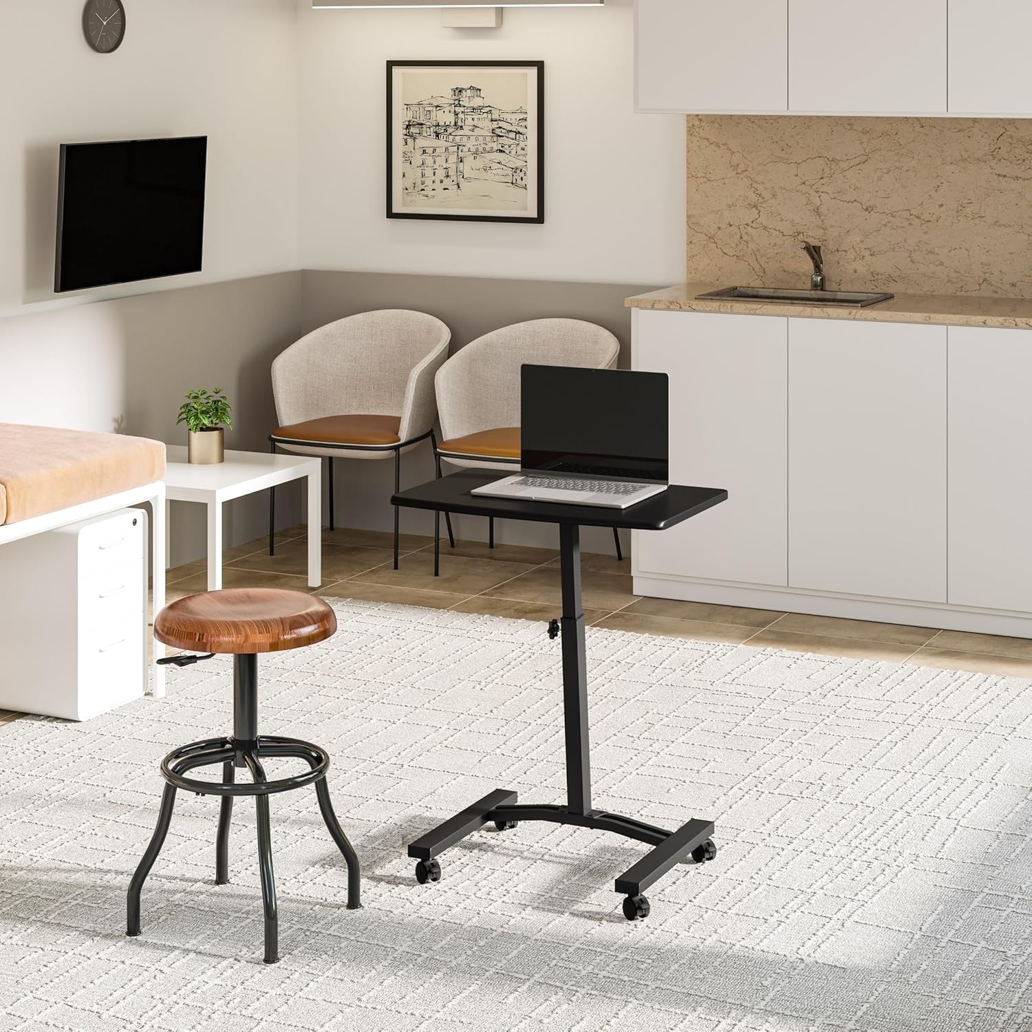 Mobile Height Adjustable Laptop Desk with Wheels Flat Top Workstation Black