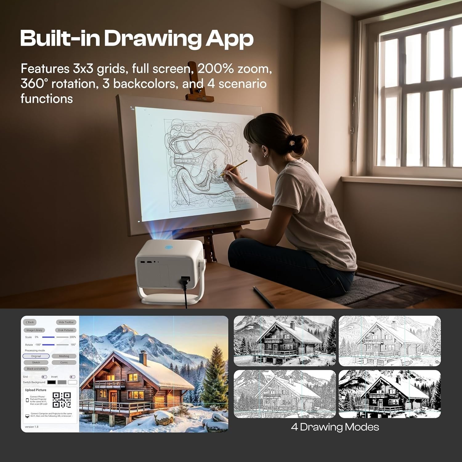 1080P Art Projector for Drawing Tracing WiFi Auto Focus 360° Base
