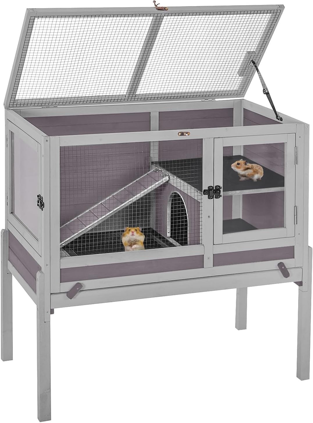 Indoor Guinea Pig Cage 2 Tier Wooden Hutch with Stand Ramp Tray