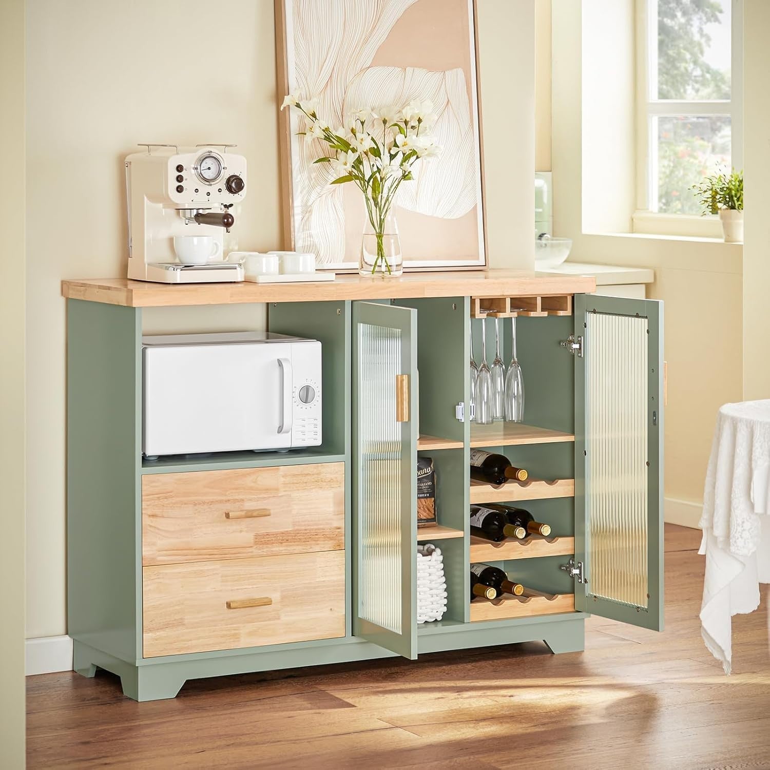 Kitchen Sideboard Cabinet with Microwave Shelf & Wine Rack Green 120x40cm