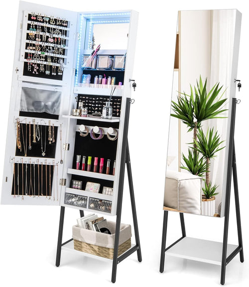 White LED Jewelry Cabinet Mirror Lockable Full Length Storage Stand