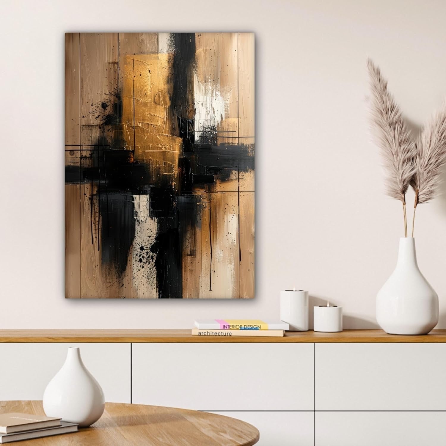 Gold Black Abstract Canvas Wall Art 50x70cm Framed Modern
