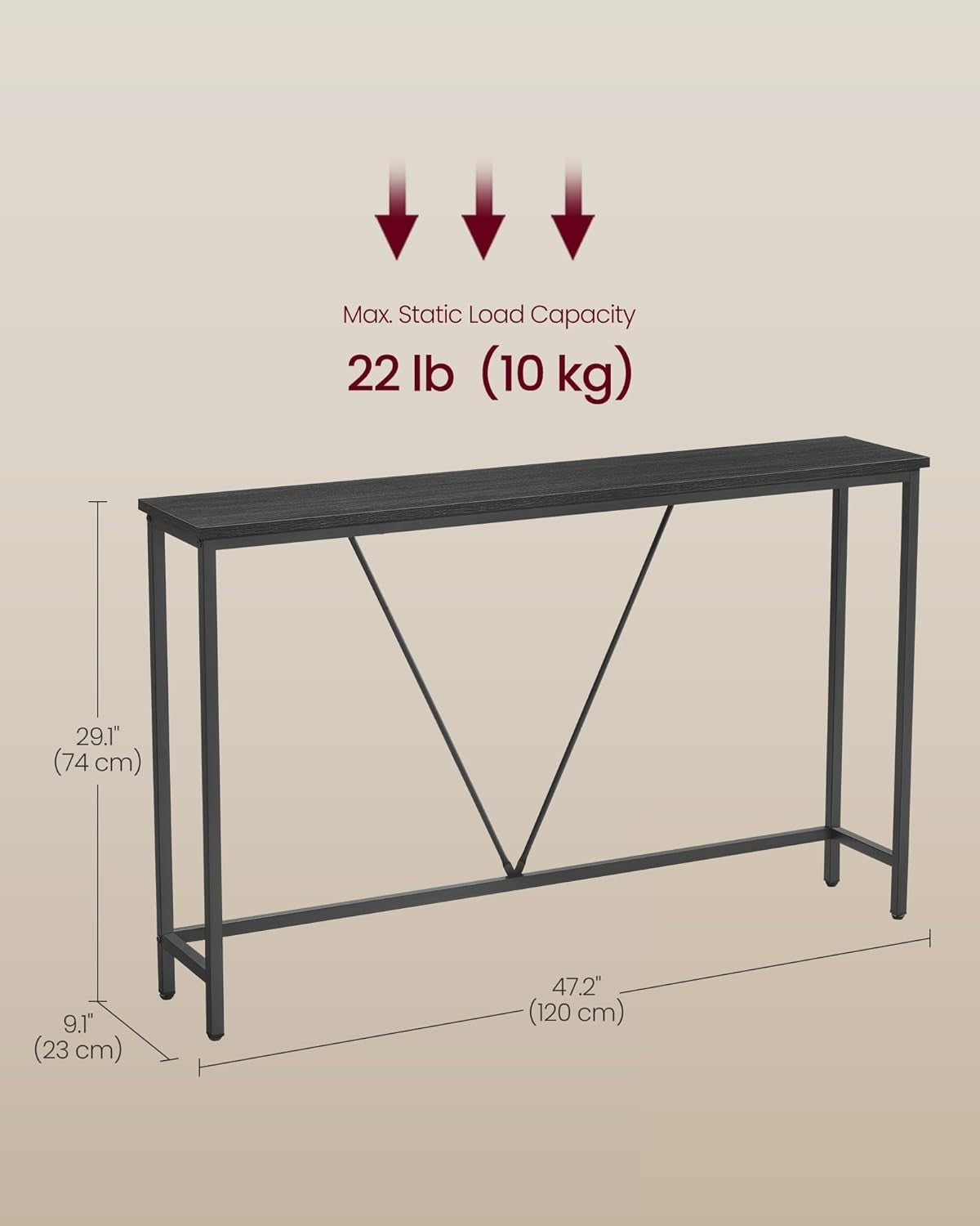 Slim Charcoal Console Table Narrow Hallway Shelf Entry Sofa Table 120cm Metal