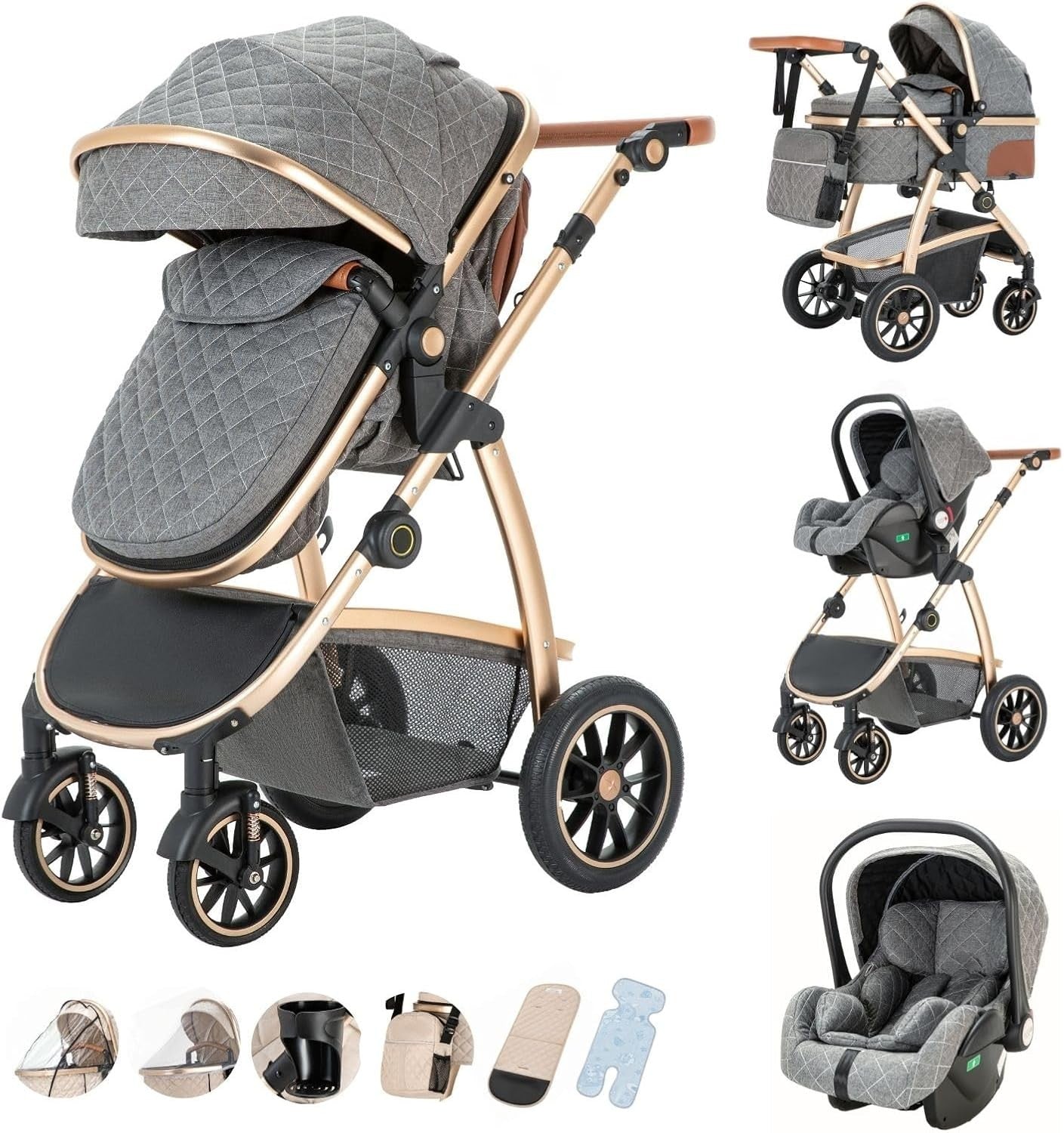 3 in 1 Baby Stroller Travel System Car Seat Pram Adjustable Handle Grey