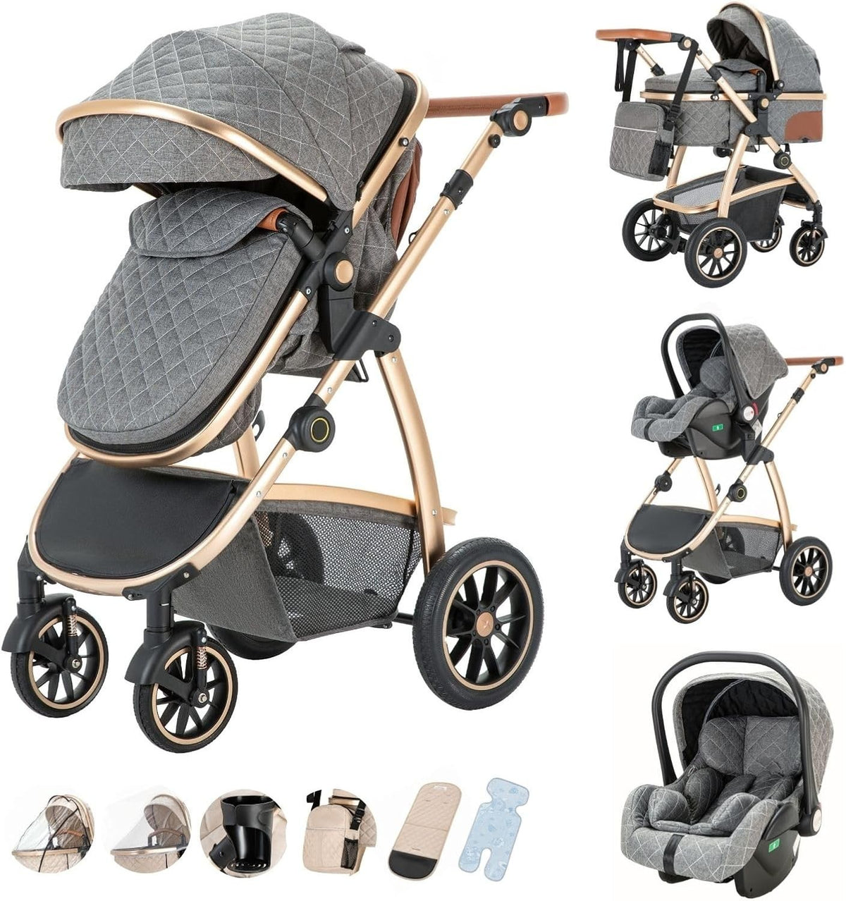 3 in 1 Baby Stroller Travel System Car Seat Pram Adjustable Handle Grey