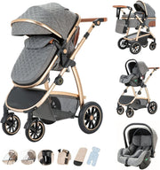 3 in 1 Baby Stroller Travel System Car Seat Pram Adjustable Handle Grey