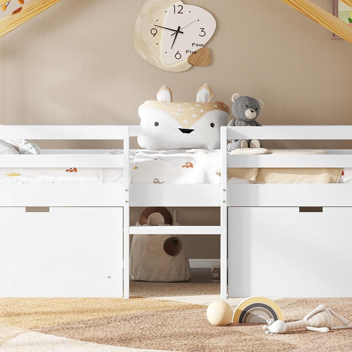 Kids Cabin Bed 3FT with Ladder & 2 Storage Drawers White Natural 90x190cm